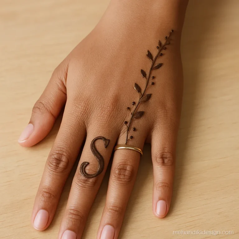 S naam ki mehandi on the back hand with a curling vine flowing out of the letter