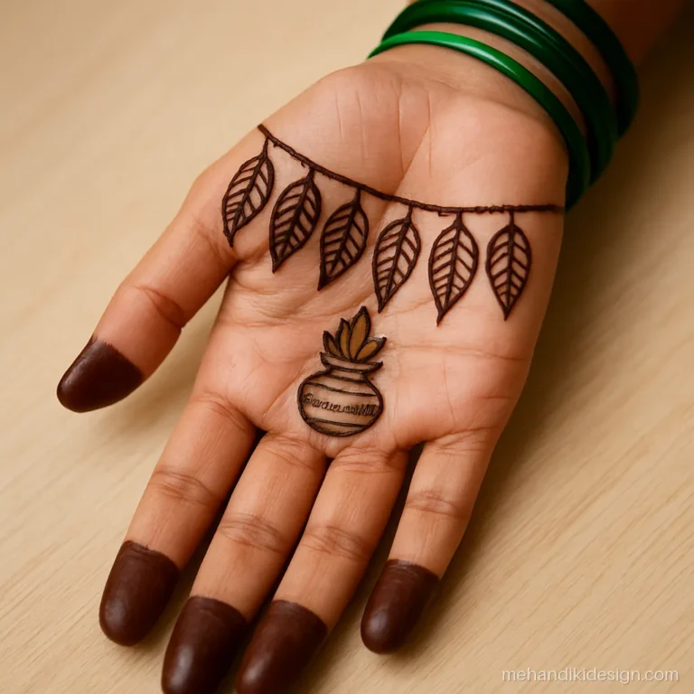 Savan ki mehandi with a mango leaf toran across the top of the palm