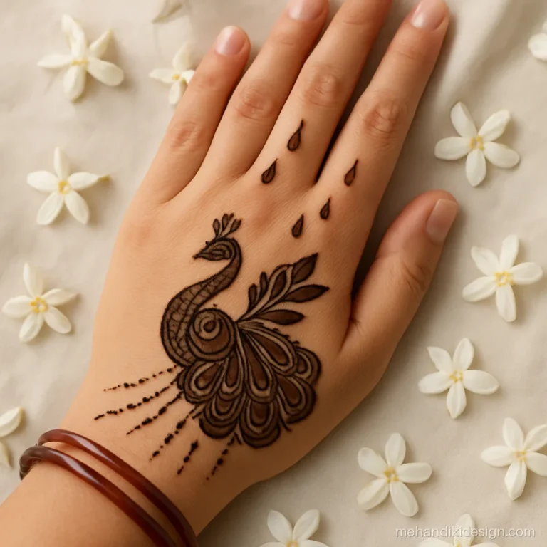 Savan mehandi design with a dancing peacock and rain drops on the back hand