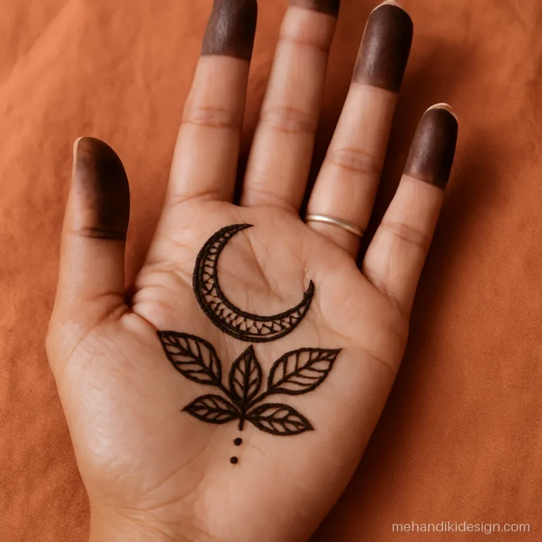 Sawan ki mehandi with a crescent moon over three-part bel patra leaves