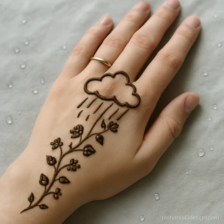 Sawan ki mehandi design with a cloud near the knuckles and a leafy vine