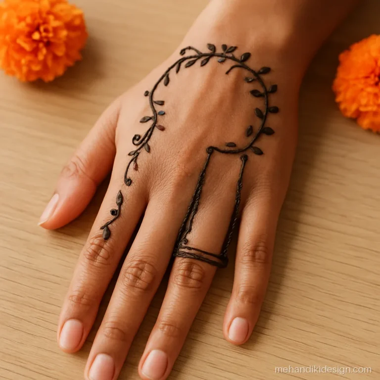 Sawan mehandi design with an empty swing hanging from swirls of creepers