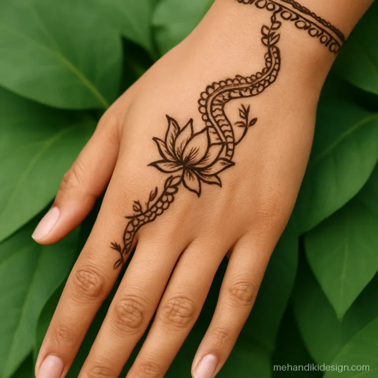 Sawan mehandi design with a gentle serpent curve and lotus, abstract style