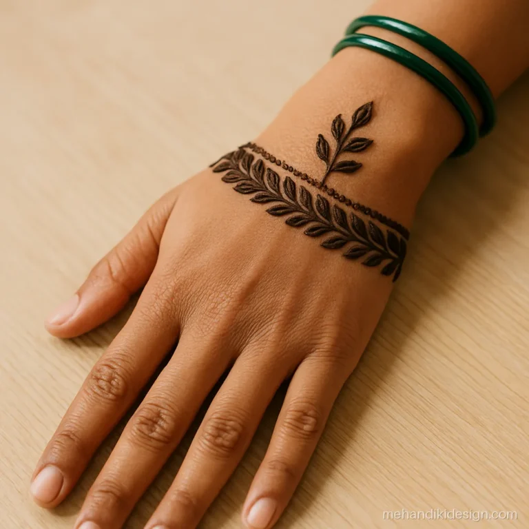 Sawan mehandi designs with a bangle band of leaves around the wrist