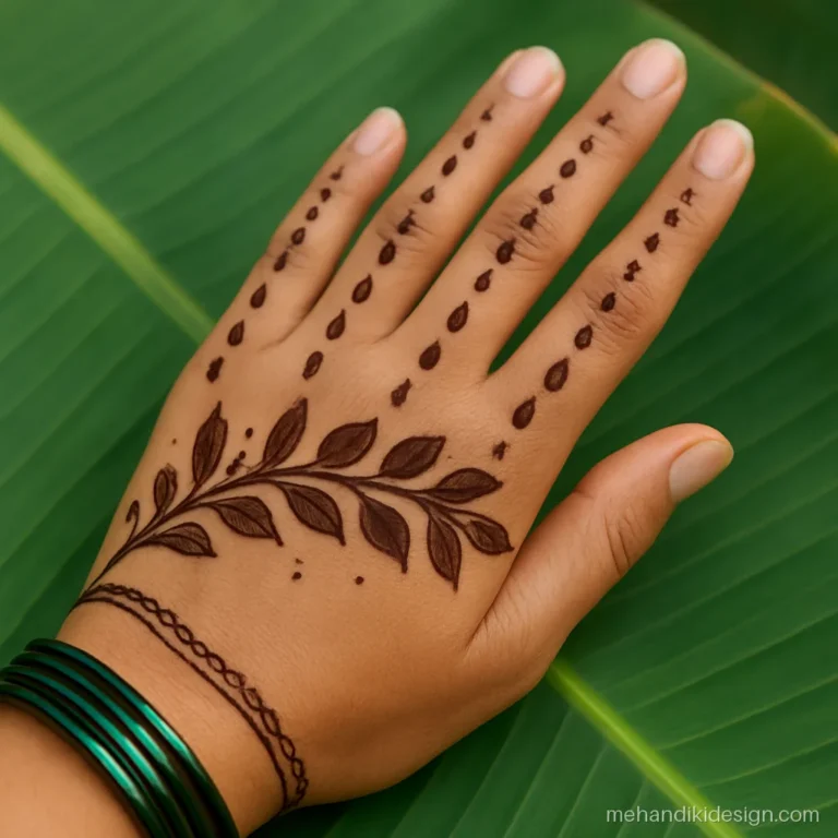 Sawan mehandi design with rain drops falling over a vine of leaves