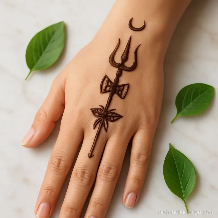 Sawan mehandi design with a small trishul and damru near the wrist