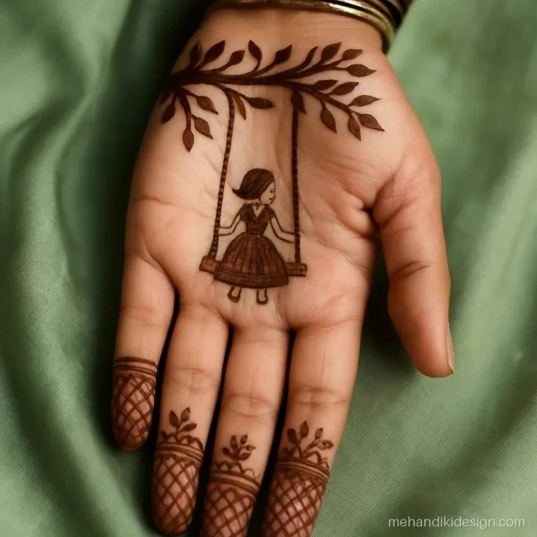 Sawan special mehandi design with a girl on a jhula under a tree