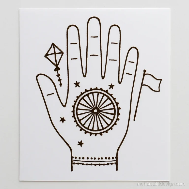 School mehandi competition drawing with a kite, flag pole and Ashoka chakra wheel