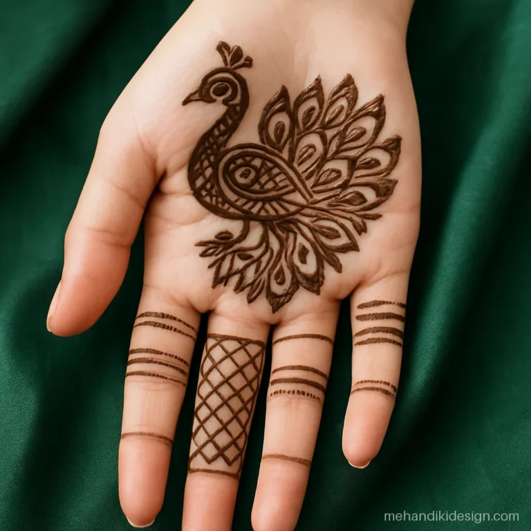 Semi bridal mehandi design for engagement with a peacock and jaal