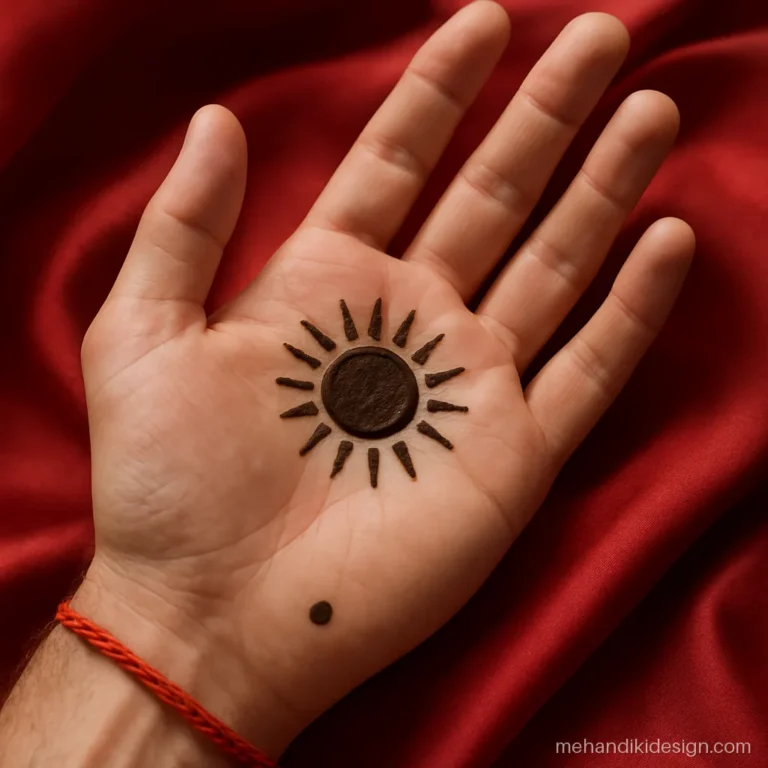 Mehandi for groom with a sun shaped tikki on the palm