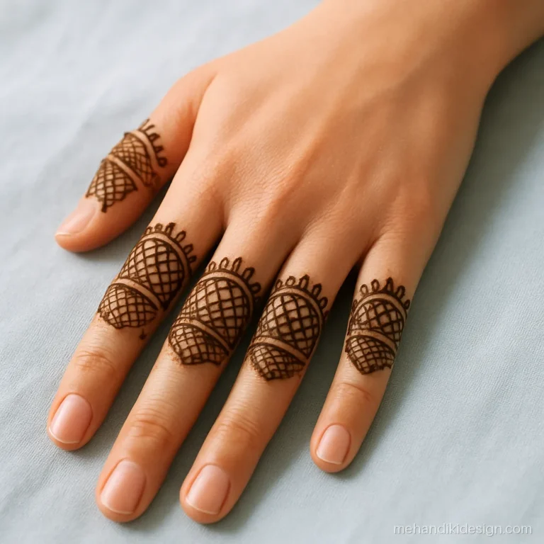 Short mehandi design with patterned finger caps on all fingers