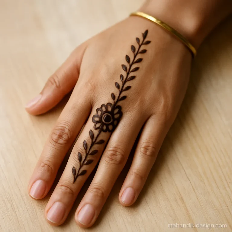 Short mehandi design with a floral bel on the middle finger