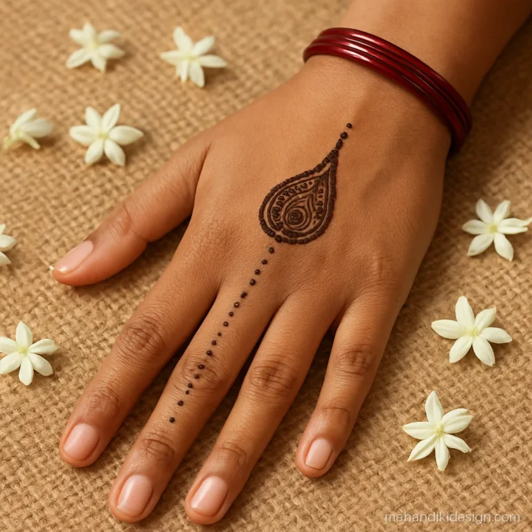 Short mehandi design on the thumb with a paisley and dots