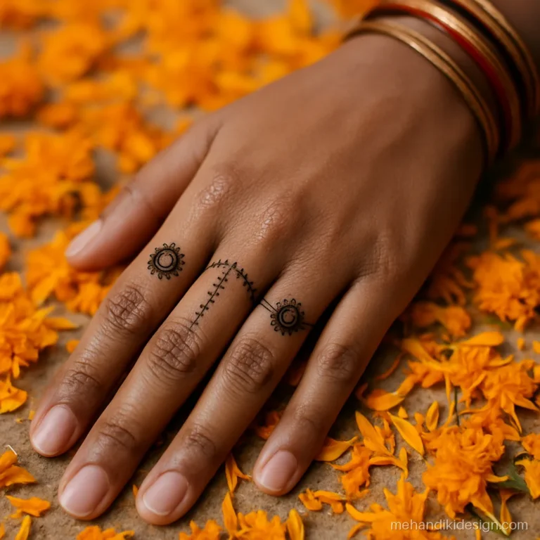 Short mehandi design linking two fingers with a thin chain pattern