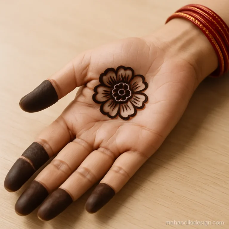 Mehandi design right hand with a flower on the wrist and fingertips
