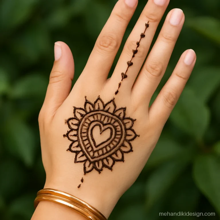 Mehandi design front hand right with a heart shaped mandala in palm