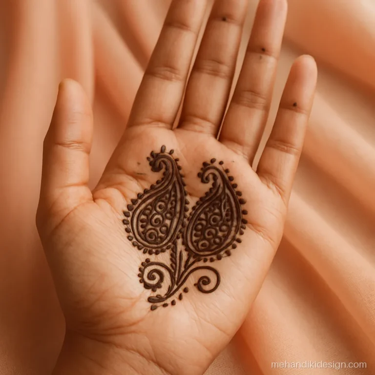 Front hand mehandi design for right hand with two facing paisleys