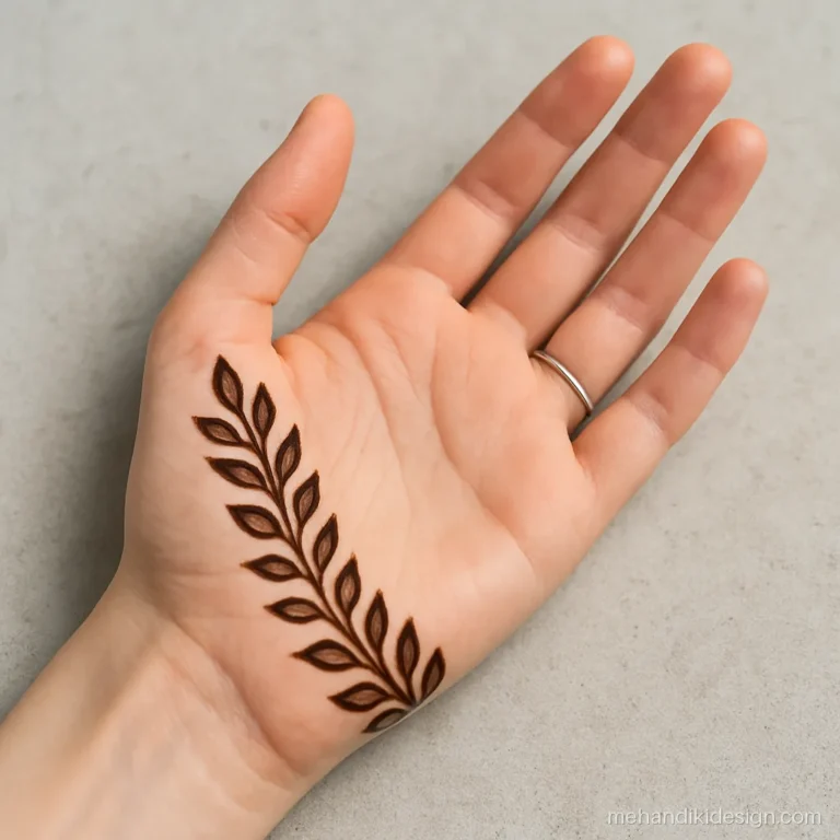 Sidhe hath ki mehandi with a bel along the outer edge of the palm
