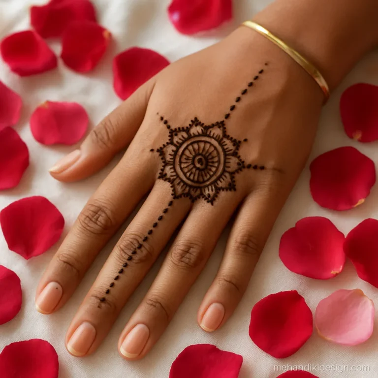 Sidhe simple hath ki mehandi with dotted lines and a small mandala