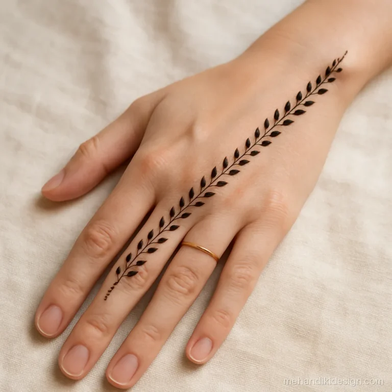 Simple Arabic mehandi design with a diagonal leaf trail from index finger to wrist