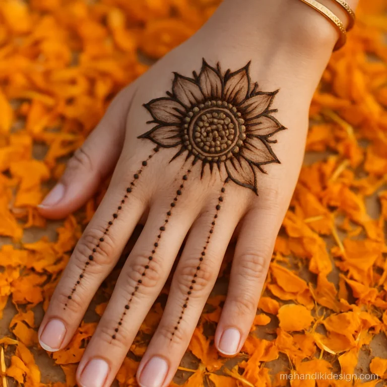 Simple arabic mehandi design with a half flower on the wrist and finger lines