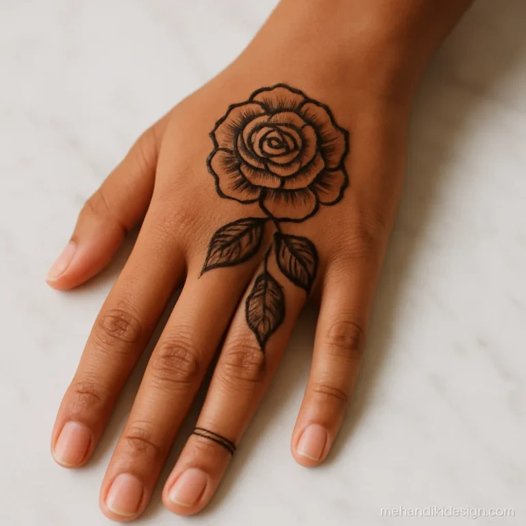 Simple arabic mehandi with one open rose near the knuckles and bare fingers