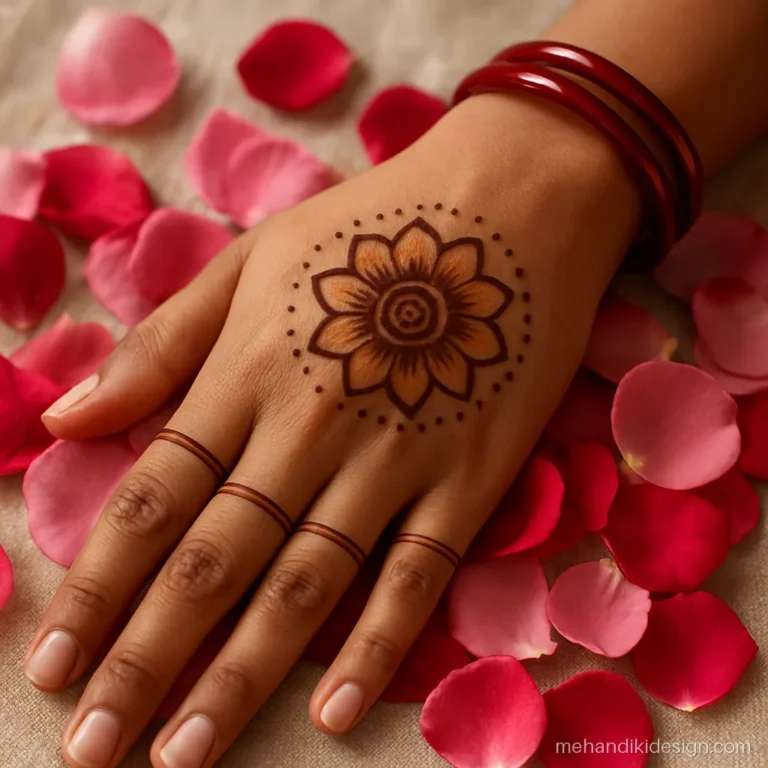 Simple mehandi design with one big flower on the back hand centre