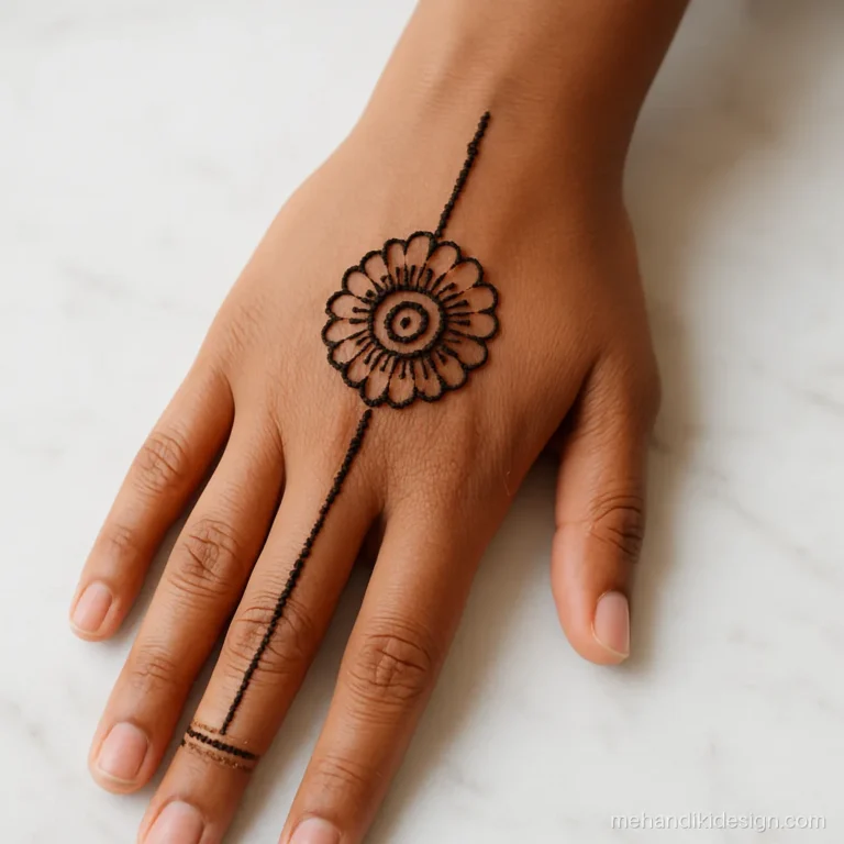 Simple back hand mehandi design shaped like a haathphool with a ring chain