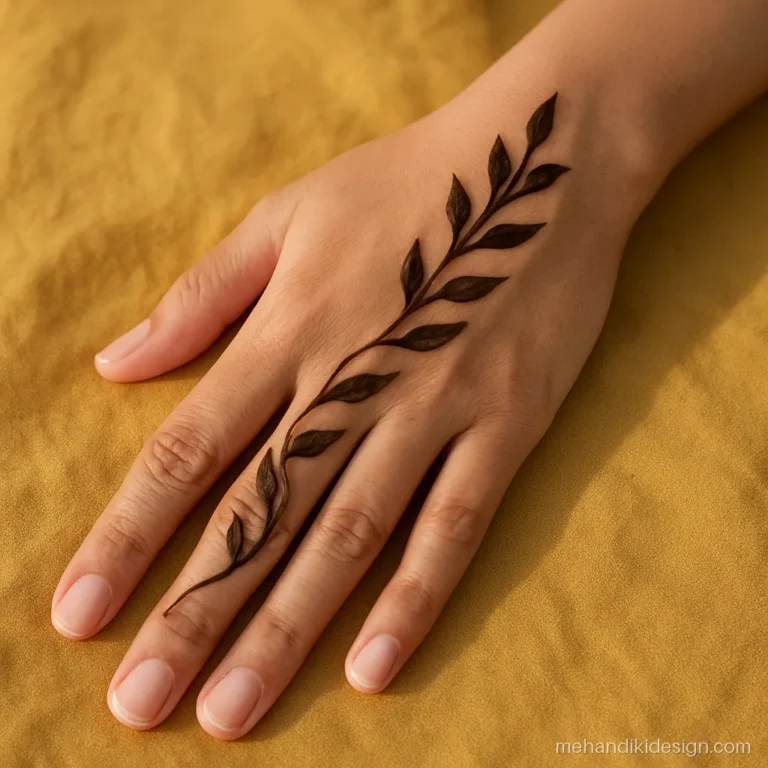 Simple back hand mehandi design with a leaf bel from the index finger to the wrist