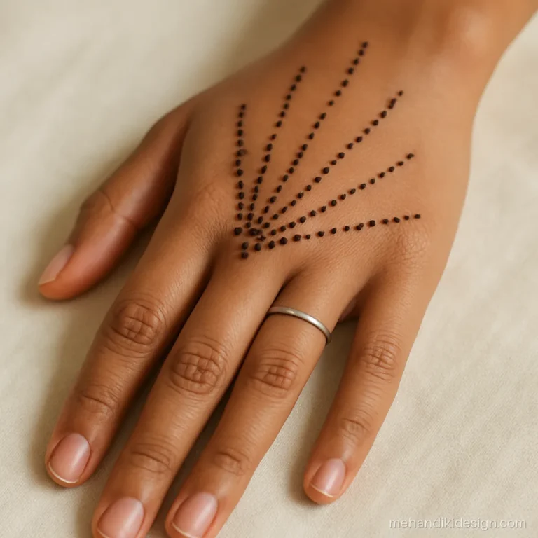 Simple back hand mehandi with rows of dots shaped like a fan