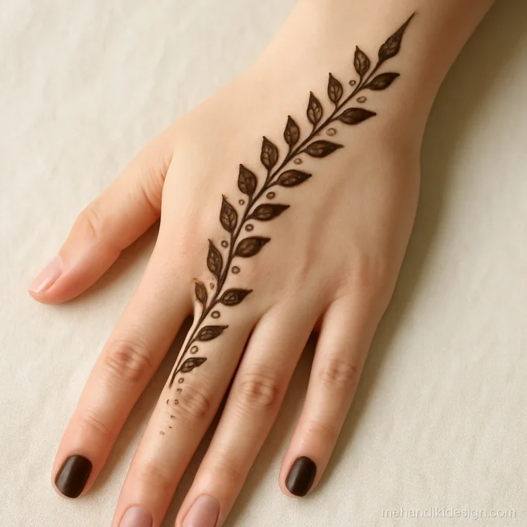 Simple back hand mehandi design with a leaf bel from index finger to wrist