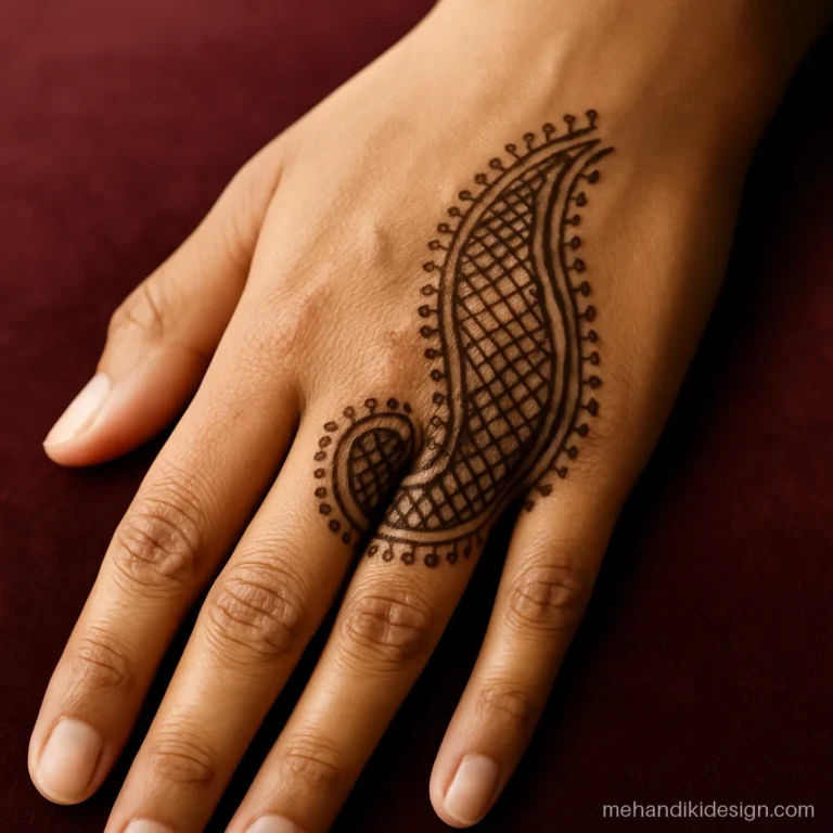 Easy back hand mehandi with a filled paisley along the thumb