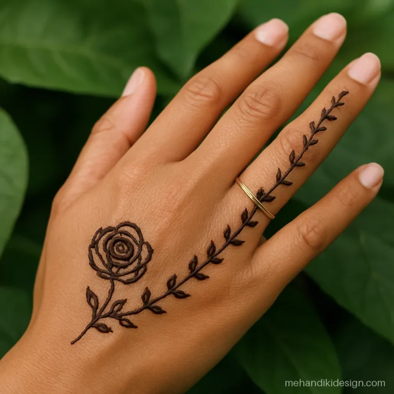 Simple back hand mehandi design with a rose vine along the thumb