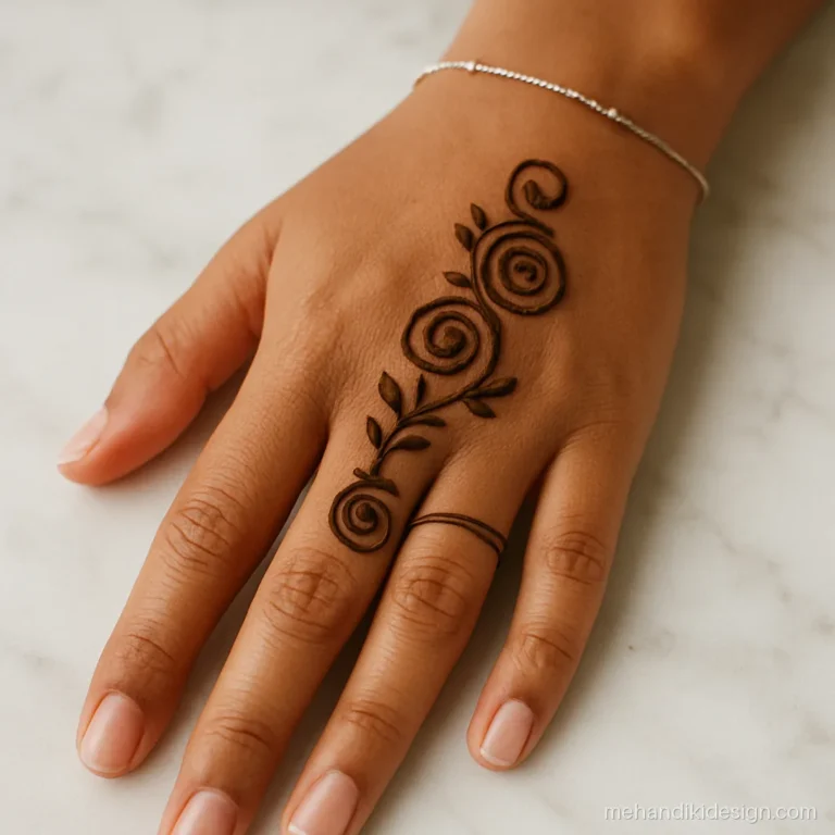 Mehandi ki design back hand with a swirl corner near the little finger