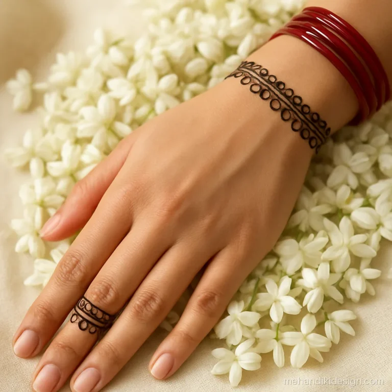 Simple mehandi design back hand with a wrist cuff and one finger