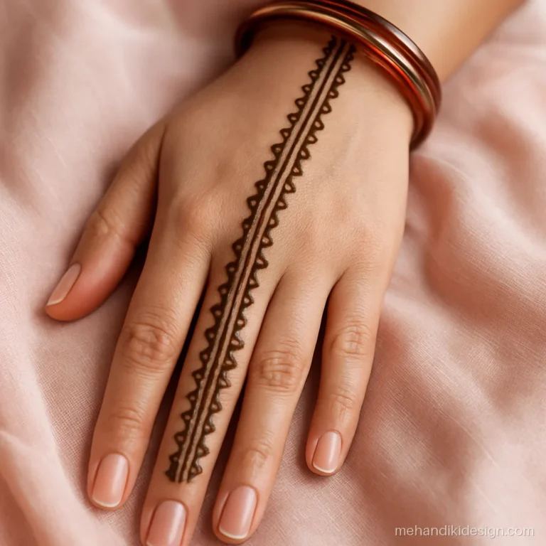 Simple back hand mehandi design with a zigzag strip down the middle