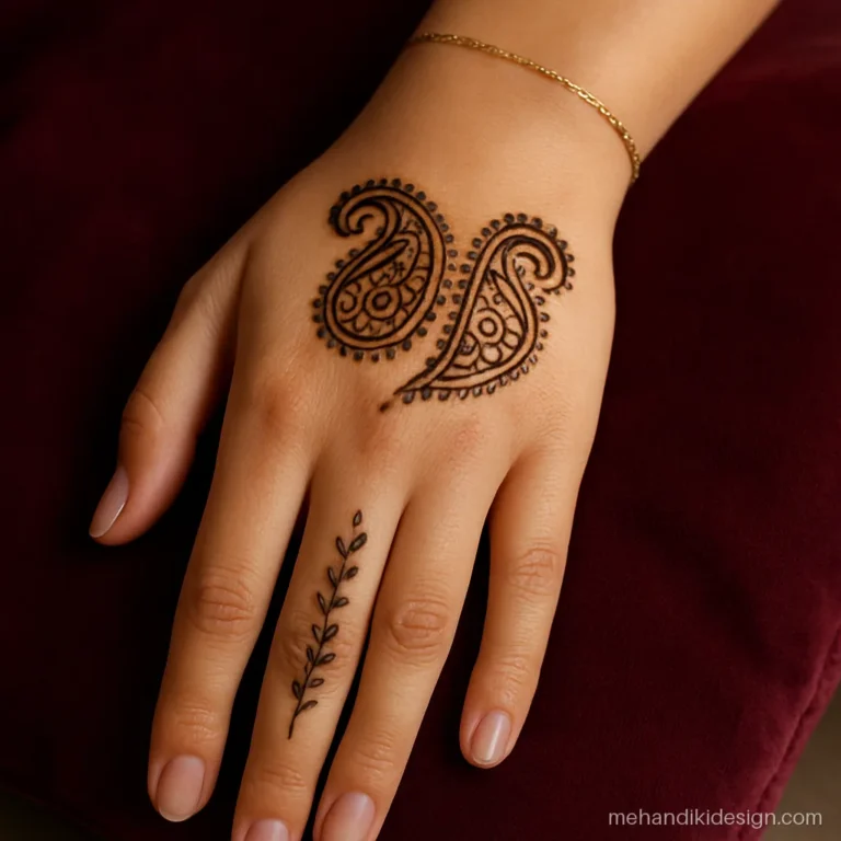 Simple back hand mehandi with two paisleys and a thin wrist band