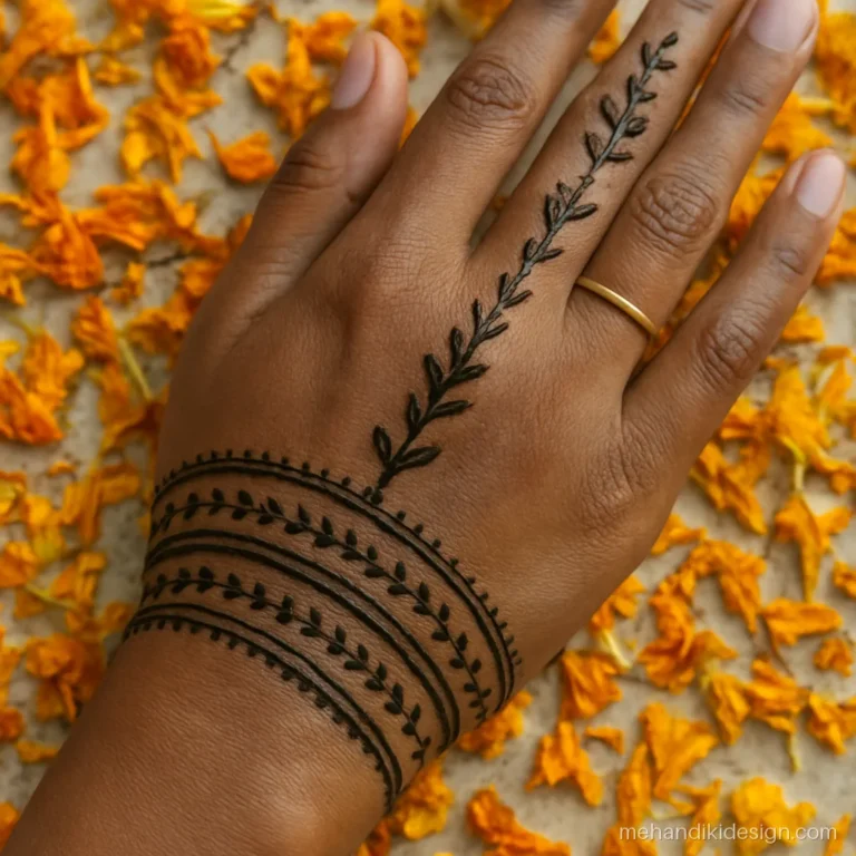 Simple chudi wali mehandi with stacked bangle lines and dots on the wrist