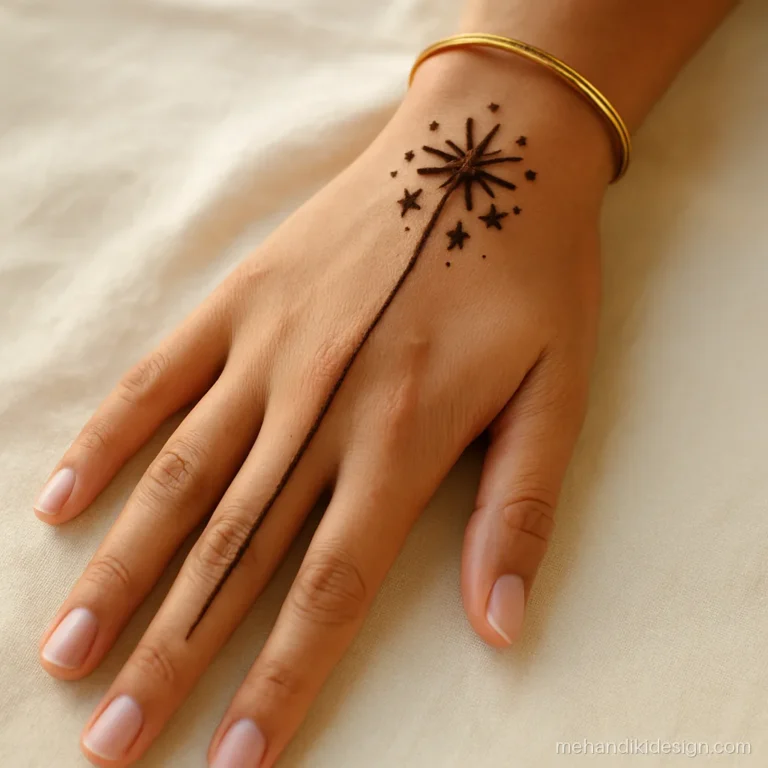 Simple Diwali mehandi with a sparkle trail like a phuljhadi on back hand