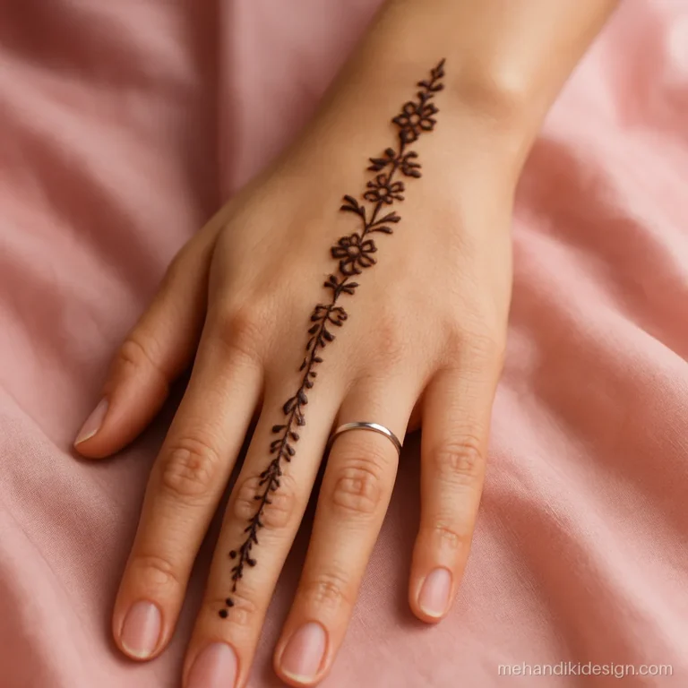 Simple dulhan mehandi design with a chain bel from finger to wrist