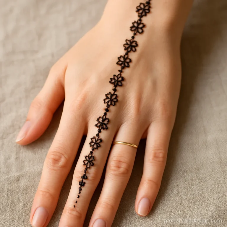 Simple engagement mehandi with a finger chain on two fingers