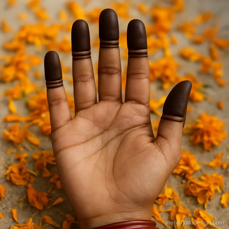 Simple finger mehandi with filled tips and horizontal lines