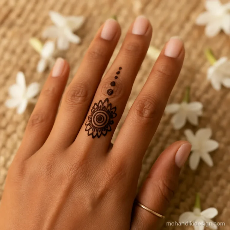 Simple finger mehandi design with a small mandala on the index finger