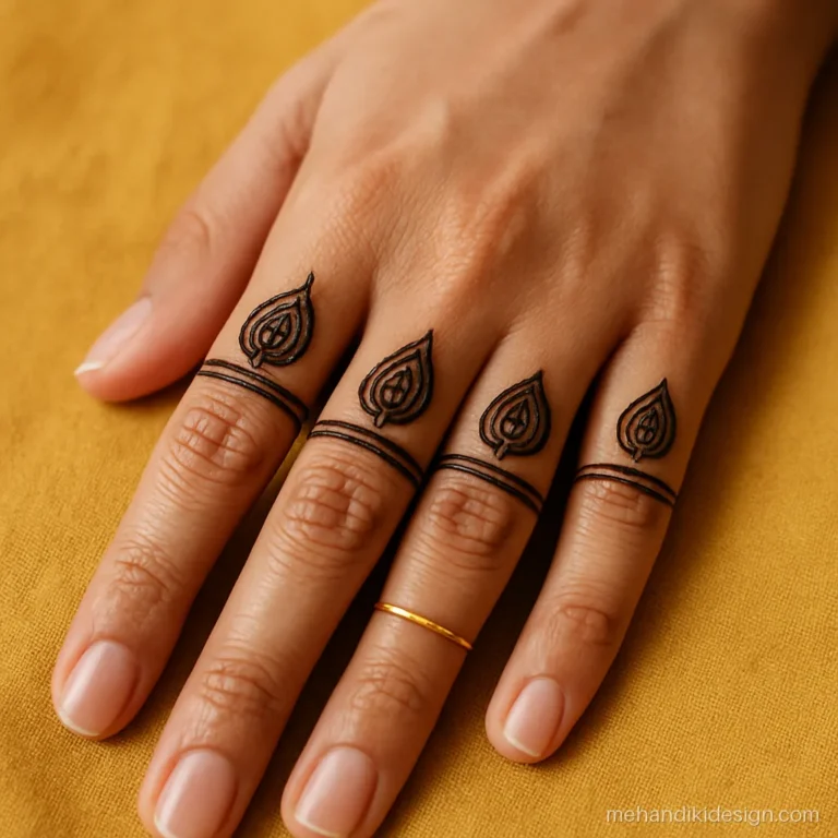 Simple mehandi with small kairi motifs on each fingertip