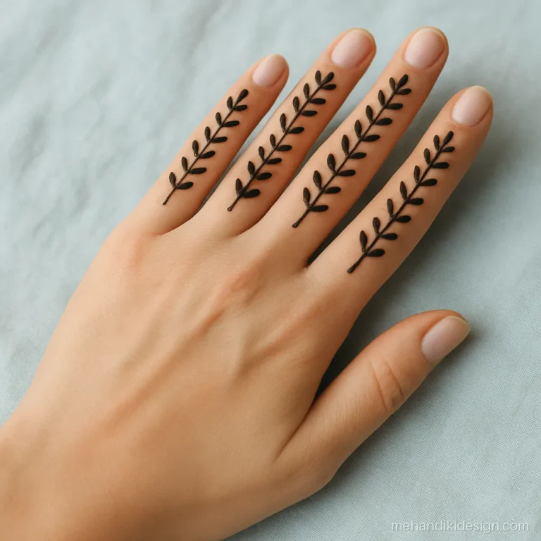 Simple finger mehandi design with a leaf ladder on each finger