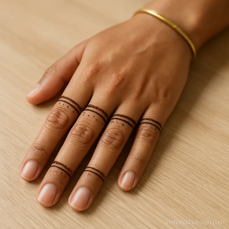 Simple mehandi on fingers with ring-like bands and dots