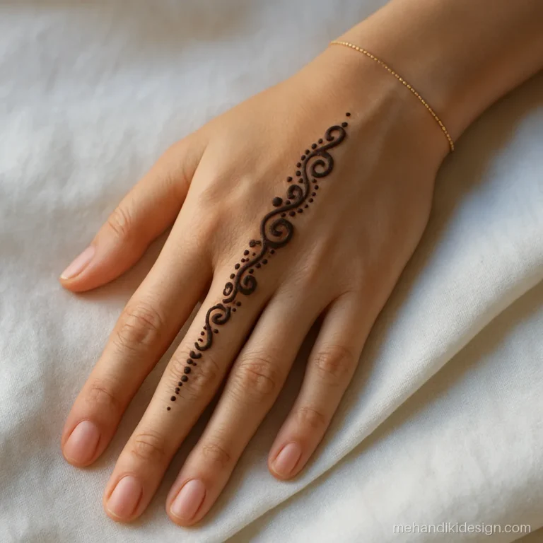 Simple finger mehandi design with swirls on the middle and ring fingers