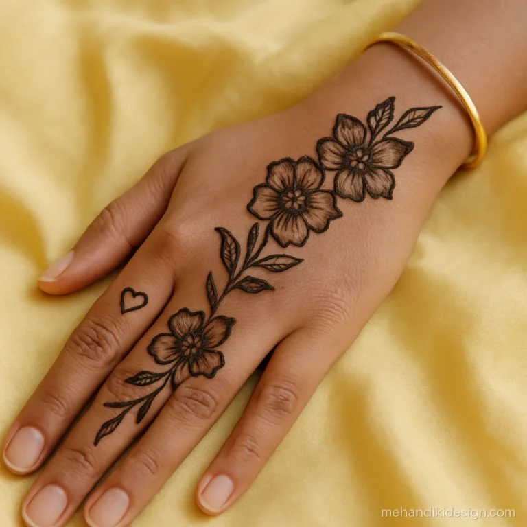 Simple Arabic floral baby shower mehandi with a tiny heart at the wrist