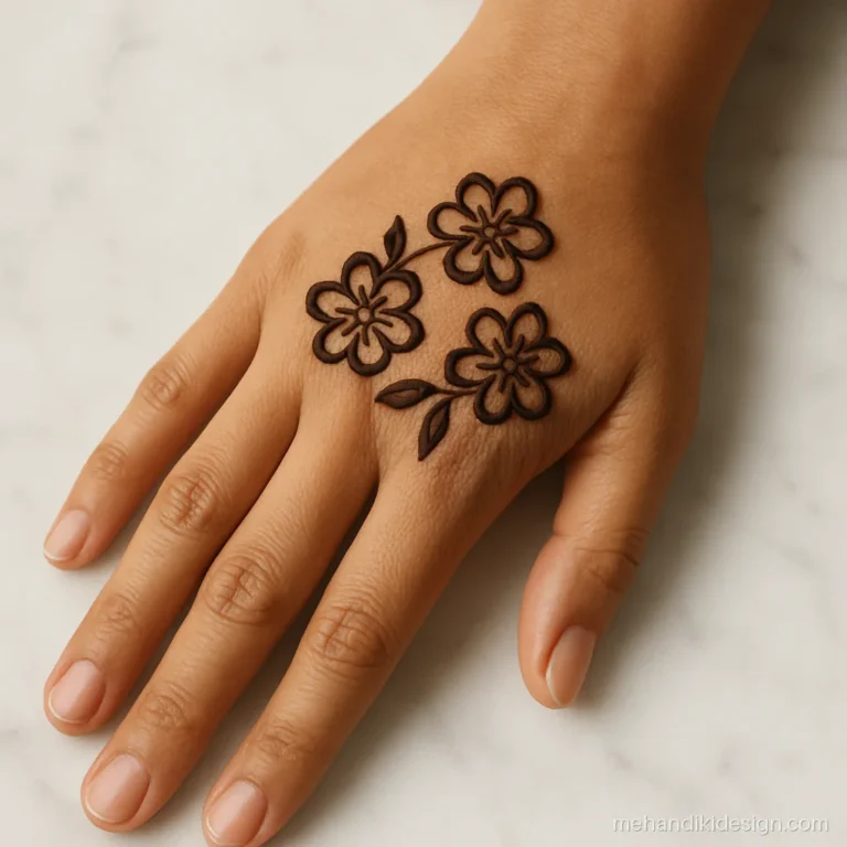 Simple flower mehandi design with three five petal flowers on the back hand