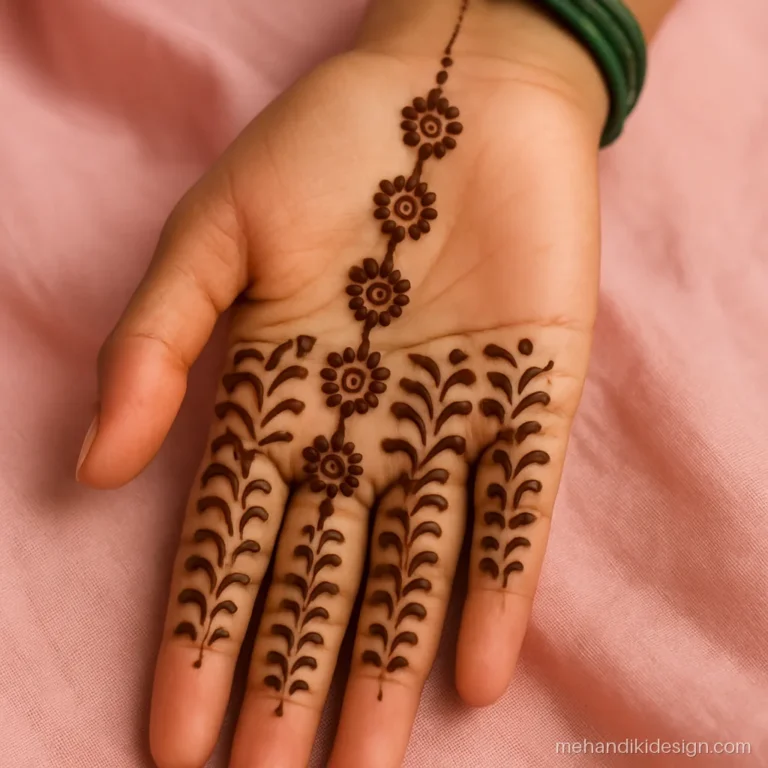 Mehndi designs easy full hand front hand with a column of dot flowers and comma strokes